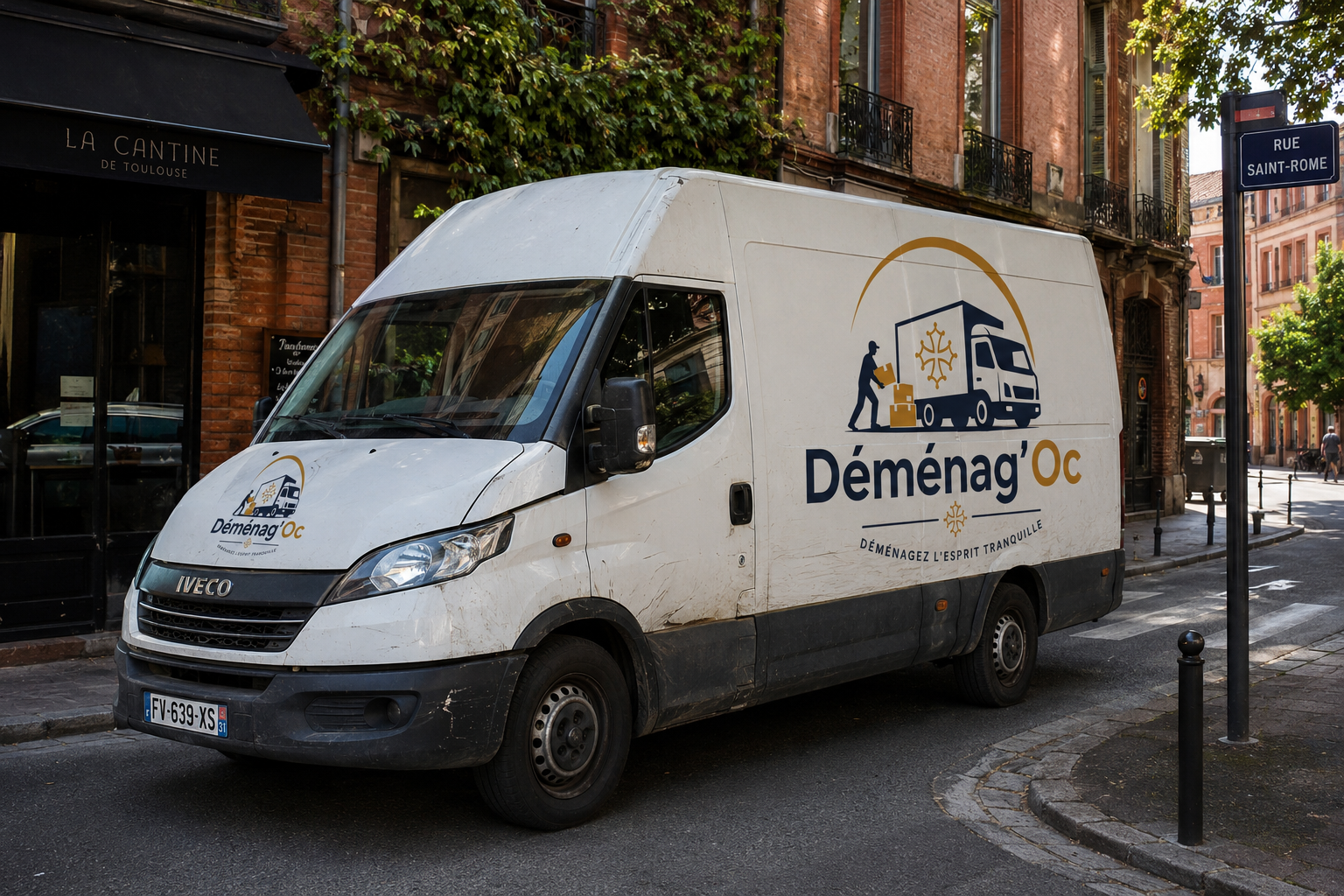 Camion de déménagement Déménag'Oc garé dans une rue de Toulouse